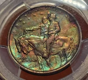 1925 Stone Mountain Silver Half Dollar PCGS Genuine Bent AU Detail Rainbow Toned - Picture 1 of 14