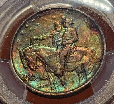1925 Stone Mountain Silver Half Dollar PCGS Genuine Bent AU Detail Rainbow Toned - Image 1 of 4