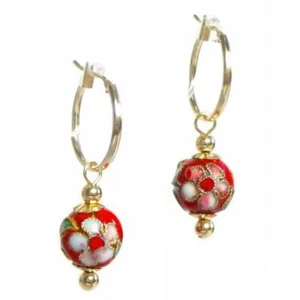 Aretes tipo argolla con cuentas de cloisonne rojas de 10 mm en oro amarillo de 14 k o plata de ley 925 - Imagen 1 de 1