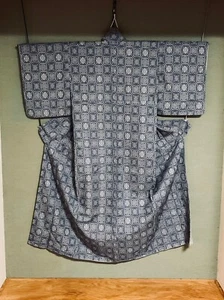 Japanese Vintage Kimono Komon gray geometric - Picture 1 of 3