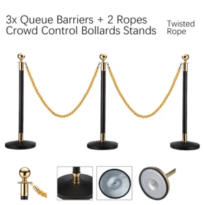 3x Queue Barriers + 2 Ropes Crowd Control Stanchion Bollards (TWISTED GOLD ROPE) - Picture 1 of 8