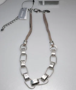 Chico's necklace leather brown silver tone link sw style  ornate nwt PF16 - Picture 1 of 12