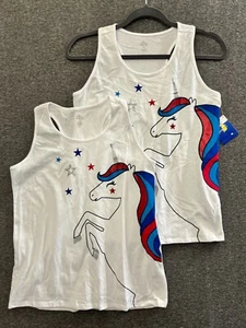 Girls 2 Pack Tank Racerback White Red Blue Unicorn Patriotic Top XL 14-16 - Picture 1 of 11