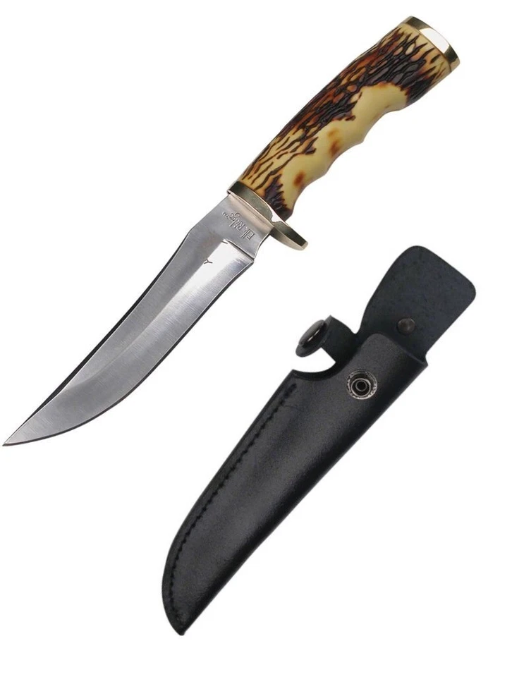 Elk Ridge ER027 Fixed Blade Hunting Knife Trailing Point Gold Metal Guard Sheath