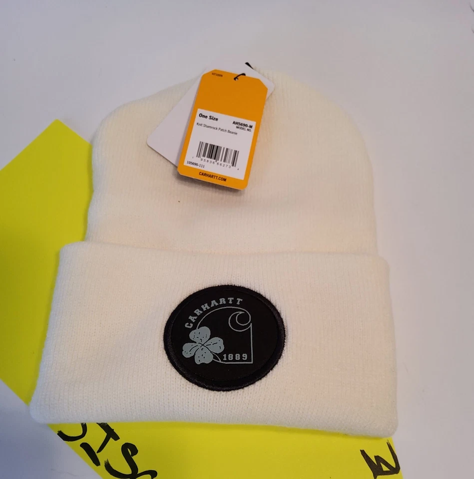 Carhartt Knit Shamrock Patch Beanie Hat Winter White Patch Logo Outdoors LUCKY