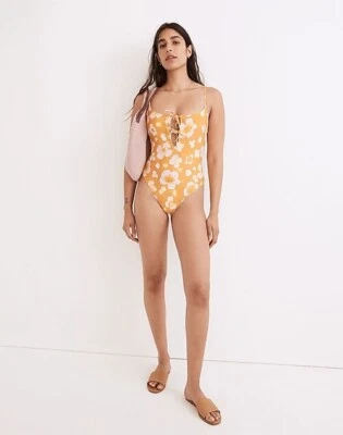 Madewell Second Wave Tie Front One Piece Swimsuit Medium Orange Floral NE270 - Image 1 of 4