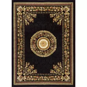 Area Rug 8 ft x 10 ft Oriental Medallion Pattern Black/Gold Soil Stain Resistant - Picture 1 of 10
