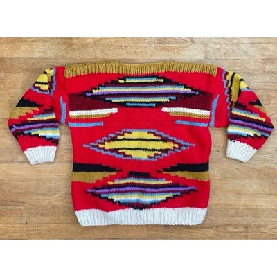 Vintage Chunky Knit Wool Sweater Size Medium 1970s Hand Knit Southwest Pattern - Image 1 of 4