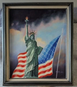 Painting Of Statue Of Liberty W/American Flag 25"X29" Signed Maria Lee - Picture 1 of 2