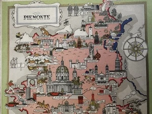 Piamonte Piamonte Italia Italia 1941 encantador mapa de dibujos animados a color arte Nicouline - Imagen 1 de 3