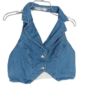 Highway Jeans Denim Neckholder Crop Top Gr. Large blau komplett gefüttert Kragen Knopf - Bild 1 von 4