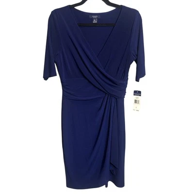 Chaps Faux Wrap Dress Blue Knee Length 3/4 Sleeve Stretch V-neck Size Large NEW - Image 1 of 4