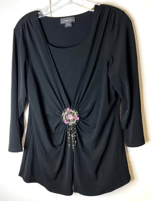 Elementz Women's Large Black Top Tunic w/Attached Cami Ruched Center Embellished - Image 1 of 4