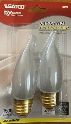 Satco S3767 120-Volt 25CA10 Medium Base Turn Tip Light Bulbs Frosted 2 PACK - Image 1 of 2