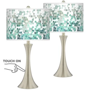 Giclee Glow Trish Aqua Mosaic Brushed Nickel Touch Table Lamps Set of 2 - Picture 1 of 4