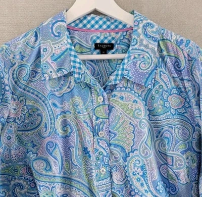 Camisa Talbots Feminina 1X Azul Paisley Botão para Cima Preppy Costeira Colorida Escritório - Imagem 1 de 4