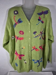 Quacker Factory Green Button-Up V-Neck Cardigan Sweater Dragonfly Size 3X NWT - Picture 1 of 13