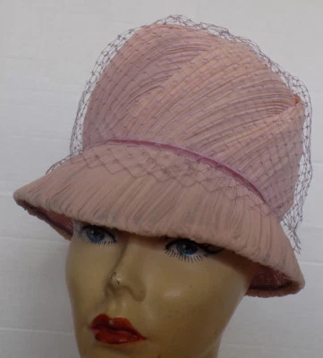 Vintage 50s 60s Pink & Lavender High Crown Veil Covered Hat - Image 1 of 4