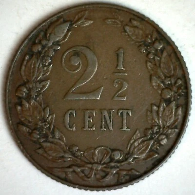 1904 Netherlands Bronze 2 1/2 Cent Coin Extra Fine Circulated Wilhelmina I Ruler - Image 1 of 2