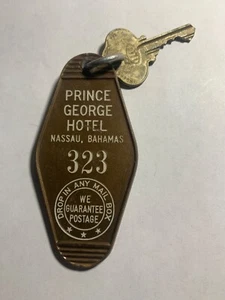 Prince George Hotel Motel Room Key Fob & Key Nassau Bahamas #323 RARE - Picture 1 of 2