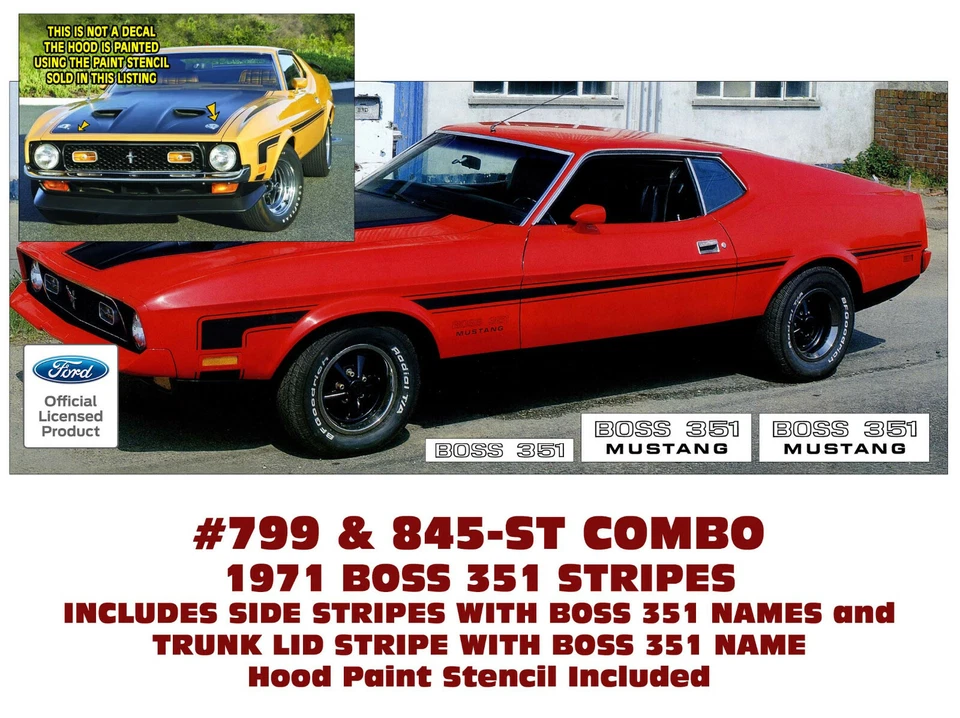 Mustang Boss 351 1971 799 y 845-ST RAYAS COMPLETAS Y NOMBRES - PLANTILLA DE PINTURA DE CAPUCHA Foto 1 de 1