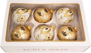 Kurt Adler 80mm Glass Gold/White Ball Ornament, Set of 6 - Imagen 1 de 1