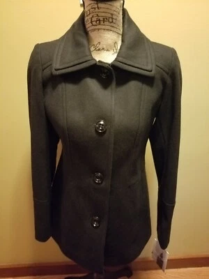 NWT Womens London Fog Single Breasted Wool Blend Pea Coat Black XS - Image 1 of 4