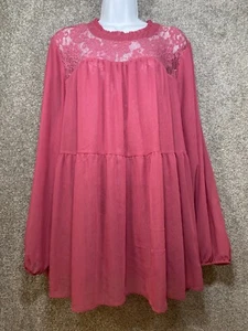 Torrid Blouse Womens 4X Pink Lace Tiered Long Sleeve Lined Tunic Flowy Romantic - Picture 1 of 14