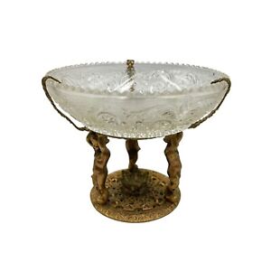 Antique 19th Century Glass Bowl Pedestal Dish with Gold Cherubs Footed Compote