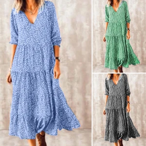 ZANZEA Womens Long Sleeve V Neck Printed Tiered A Line Midi Dress Beach Sundress