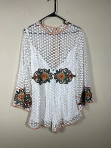 Luxxel Women's 3/4 Bell Sleeve Floral Embroidered Lace Short Romper L Resortwear - Picture 1 of 7