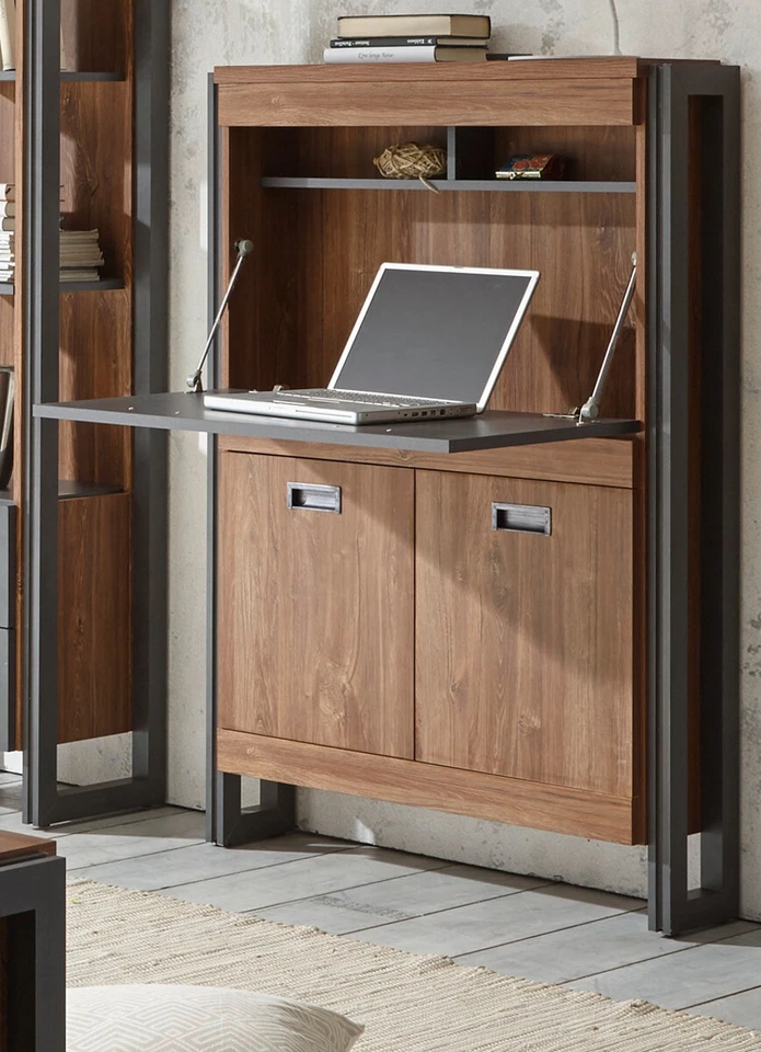Sekretär Schreibtisch Schreib Kommode Eiche grau Industrial Design 90x127 Auburn - Bild 1 von 4