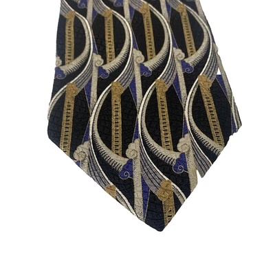 Corbata de seda Pavía negra dorada azul patrón geométrico Art Deco hecha en Italia Foto 1 de 4