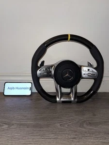 Mercedes AMG Carbon Fibre Steering Wheel Yellow Racing Stripe And Yellow Accents - Picture 1 of 9