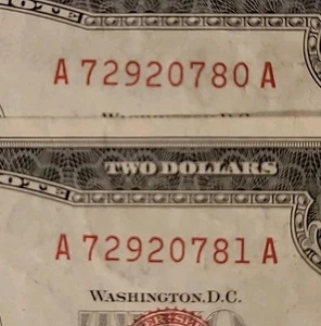 LOT of ( 2 ) 1953 B $2 Two-Dollar Bill Red Seal consecutive serial # - Picture 1 of 7