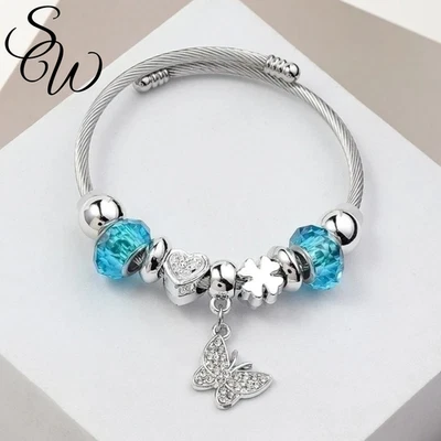 Pulseira elegante berloque borboleta bracelete de aço inoxidável punho ajustável joia - Imagem 1 de 4