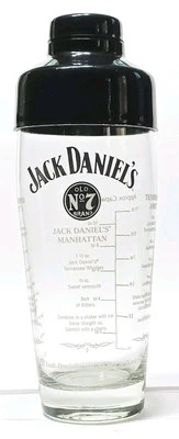 Jack Daniel's Glass Whiskey Cocktail Mixer Shaker + Black Lid 3 Recipes On Glass - Image 1 of 4