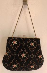 Beautiful Vintage Needlepoint Cross Stitch Black with Flowers Evening Bag Purse - Picture 1 of 14