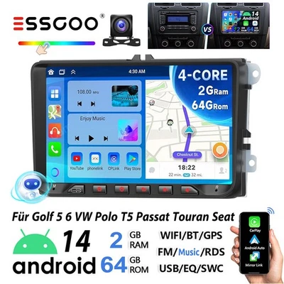 64GB Android 14 Autoradio Navi WiFi Für VW Passat CC Golf 5/6 Tiguan Skoda SEAT - Bild 1 von 4
