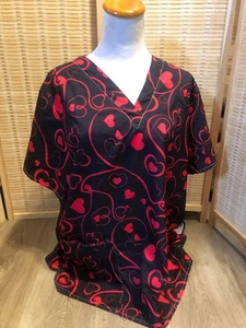 Scrubs Scrub Top Cartoon  Valentine's Day Polyester Black and Red XL H134 - Picture 1 of 7