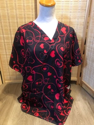 Scrubs Scrub Top Cartoon  Valentine's Day Polyester Black and Red XL H134 - Image 1 of 4