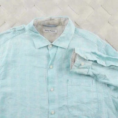 Camisa de lino Tommy Bahama para hombre grande a cuadros verde azulado manga larga formal preppy Foto 1 de 4
