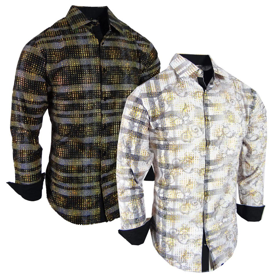 Camisa Para Hombre Estampado Italiano Rayas Lujo Dorado Superposición Elastizada Calce Ajustado Botón Foto 1 de 2