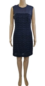NICOLE MILLER ATELIER Navy Blue Sleeveless Scalloped Detail Mini Sheath Dress 6 - Picture 1 of 8