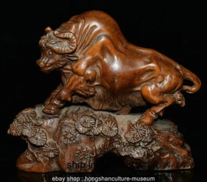 4'' Old Chinese Natural Boxwood Hand Engraving 12 Zodiac Year Bull Oxen Statue - Picture 1 of 9