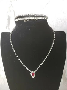 Vintage Unsigned Rhodium Plated Rhinestones Necklace & Bracelet Set - Picture 1 of 11