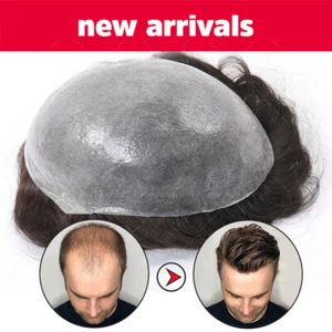 Toupee Hairpiece Virgin Human Hair Mens Replacement System Wigs Skin LACE Gray - Picture 1 of 42
