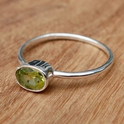 Dainty Peridot Horizontal Stone Stacking Ring 925 Sterling Silver Engagement - Image 1 of 4