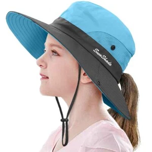 Kids Ponytail Sun Hat Wide Brim UV Protection for Girls Beach Bucket Cap M20.... - Picture 1 of 7