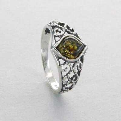 Anillo "Aspecto Antiguo" Ámbar Báltico Verde - PLATA ESTERLINA 925 Polonia 5e Foto 1 de 4